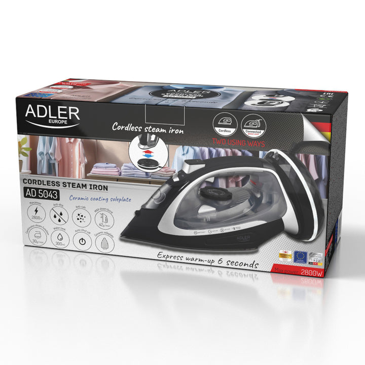 Adler sladdlöst ångstrykjärn, keramisk stryksula, 2800W, AD 5043