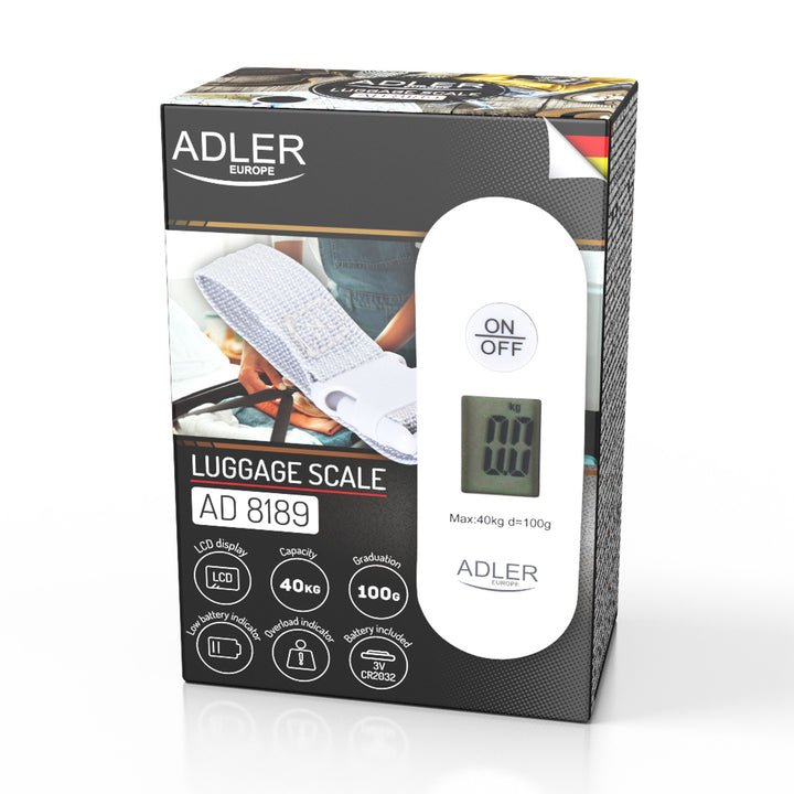 Bagagevåg Adler, upp till 40 kg, LCD-display, tara- och stabiliseringsfunktion, vit och grå, AD 8189