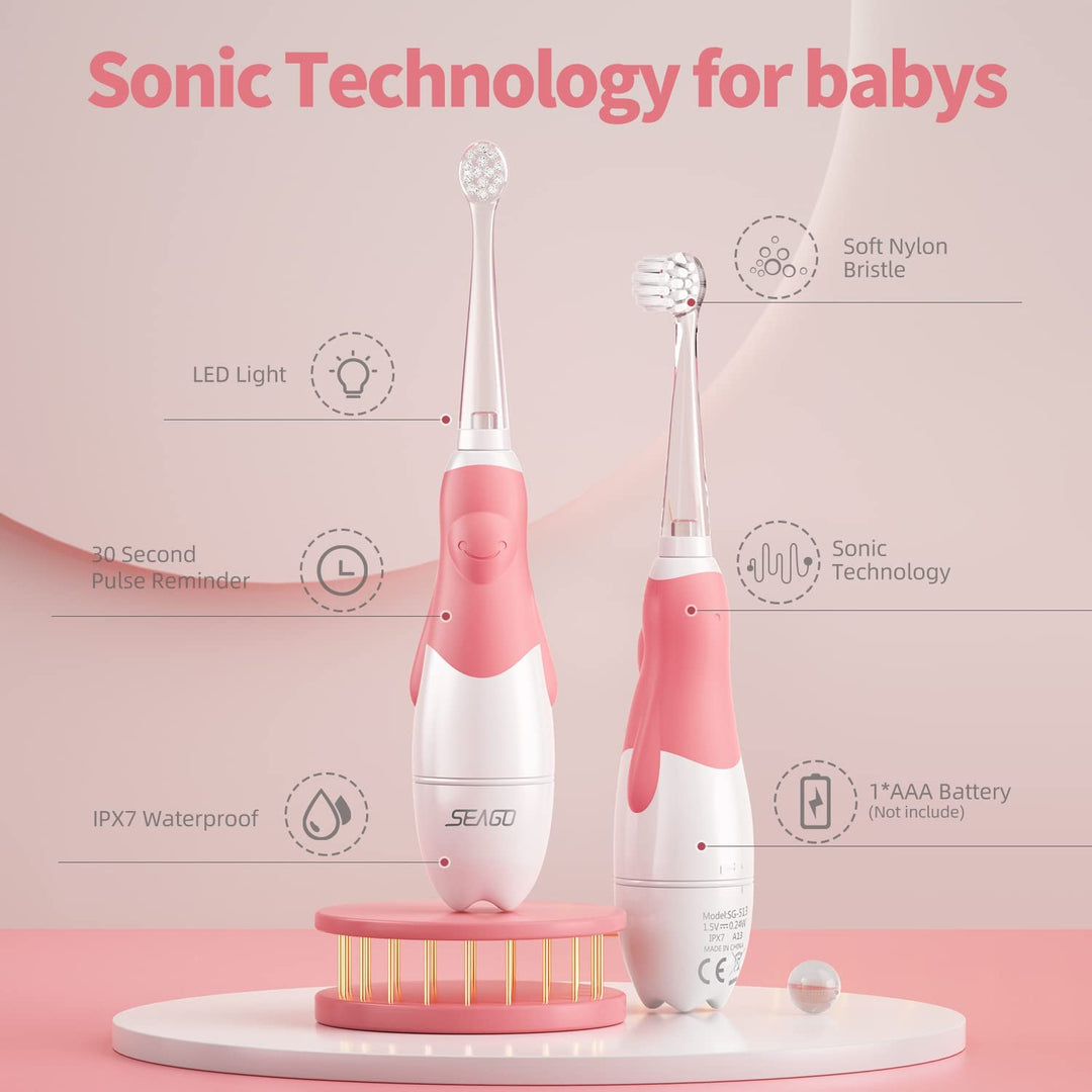 SEAGO sonisk barntandborste, färg rosa, 1xAA 1,5V (ingår ej), 4 spetsar, SG-513 Pink + Set med reservtandborstar till SG-513, SG-977 SEAGO, 4 st, färg transparent, SG-513 Refill