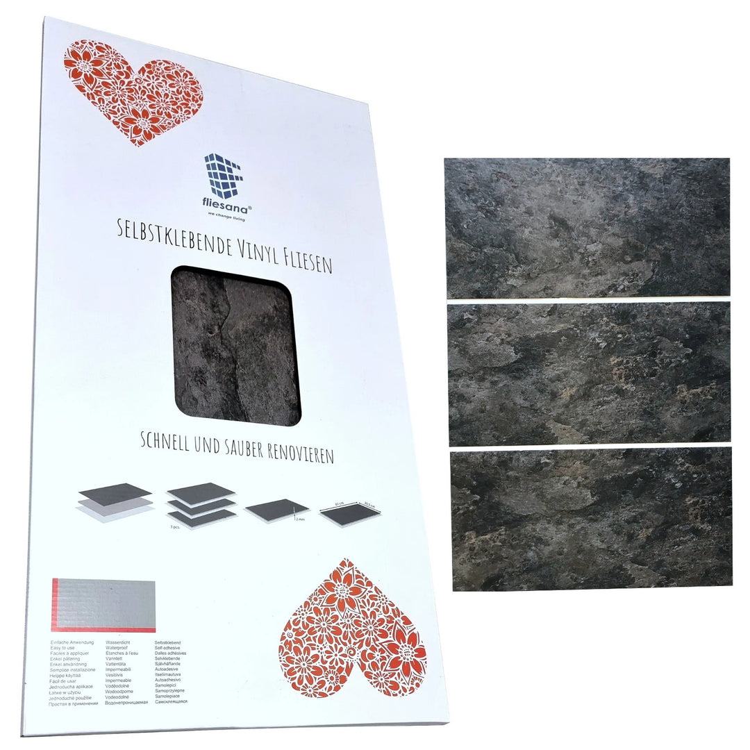 Fliesana självhäftande vägg- och golvplattor, set om 3, vattentäta, naturstensdesign (skiffer)