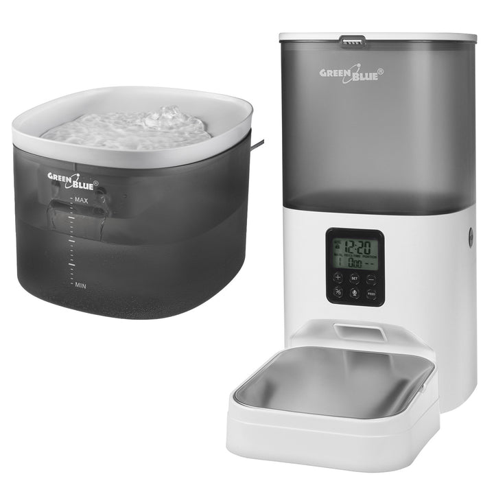 GreenBlue automatisk vattendispenser / drickare för husdjur, 3L, USB 5V1A, GB392 + GreenBlue automatisk matningsautomat / matare för husdjur, 6L, USB 5V1A, GB393