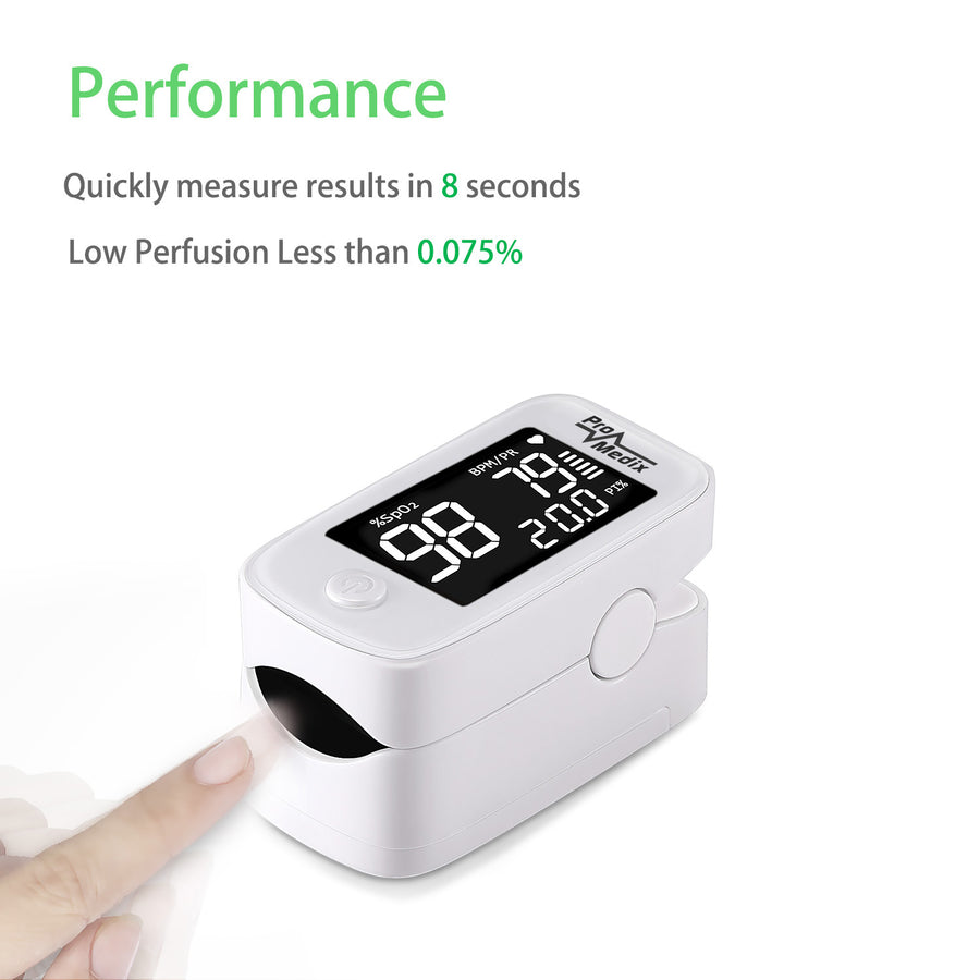 Promedix PR-870 1,5" HD LED pulsoximeter medicinsk pulsoximeter + 2x Medicinska masker CE EN 14683:2019 - set - blå färg 10 stycken Promedix PR-280 BFE>98%.
