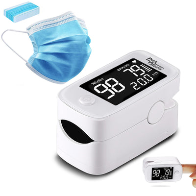Promedix PR-870 1,5" HD LED pulsoximeter medicinsk pulsoximeter + 2x Medicinska masker CE EN 14683:2019 - set - blå färg 10 stycken Promedix PR-280 BFE>98%.