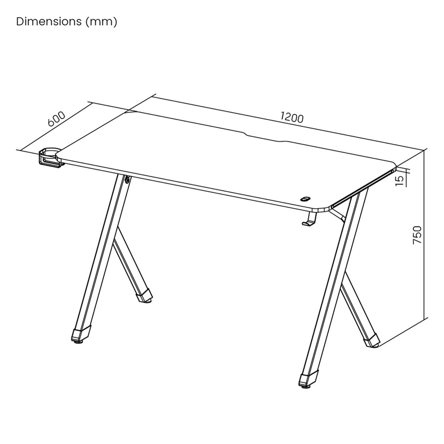 NanoRS gamingbord, svart, med hörlurs- och mugghållare, max. 75kg, mått 1200x600x750mm, RS101
