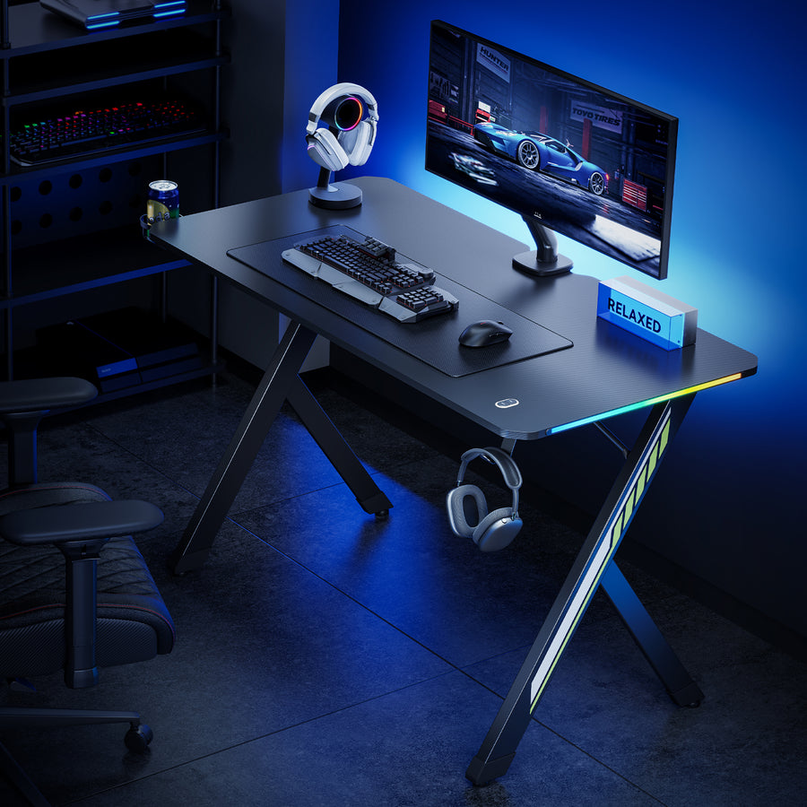 NanoRS gaming desk, svart, med hörlurs- och mugghållare, RGB-bakgrundsbelysning, max. 75kg, mått 1200x600x750mm, RS102