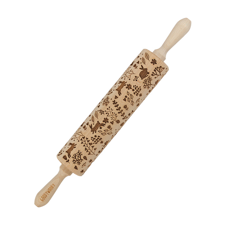 Goody Woody graverad tårtroller, 46 cm, bokträ, kanindesign