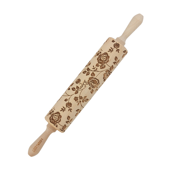 Goody Woody graverad tårtroller, 46 cm, bokträ, vildrosdesign