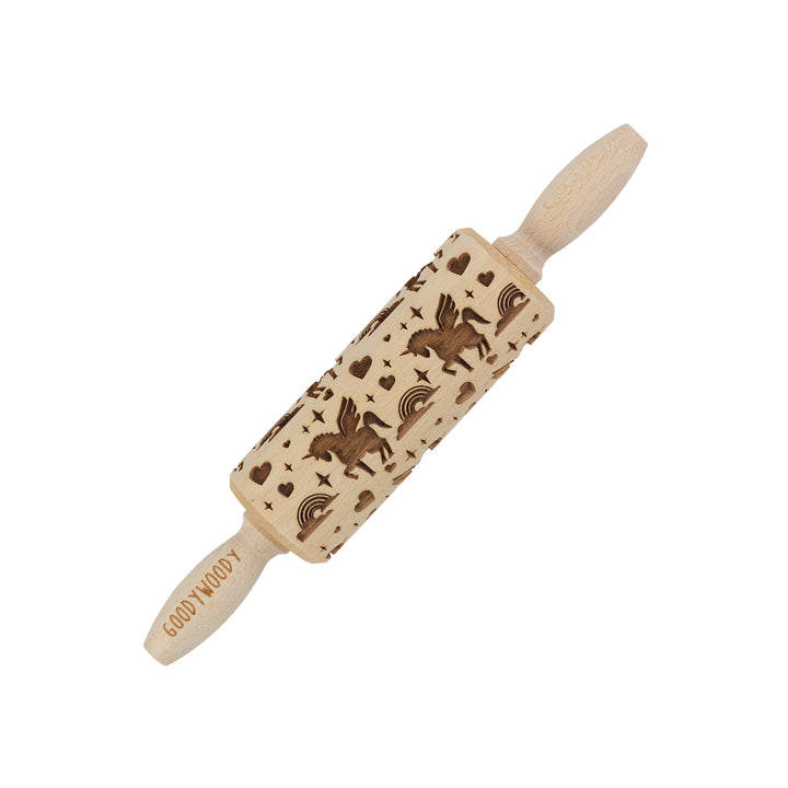 Goody Woody graverad tårtroller, 23,5 cm, bokträ, enhörningsdesign
