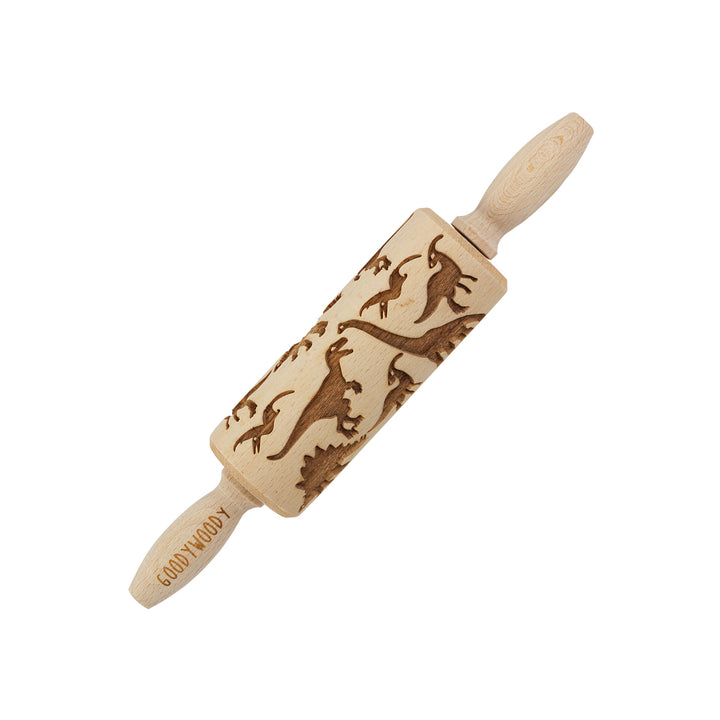 Goody Woody graverad tårtroller, 23,5 cm, bokträ, dinosauriedesign