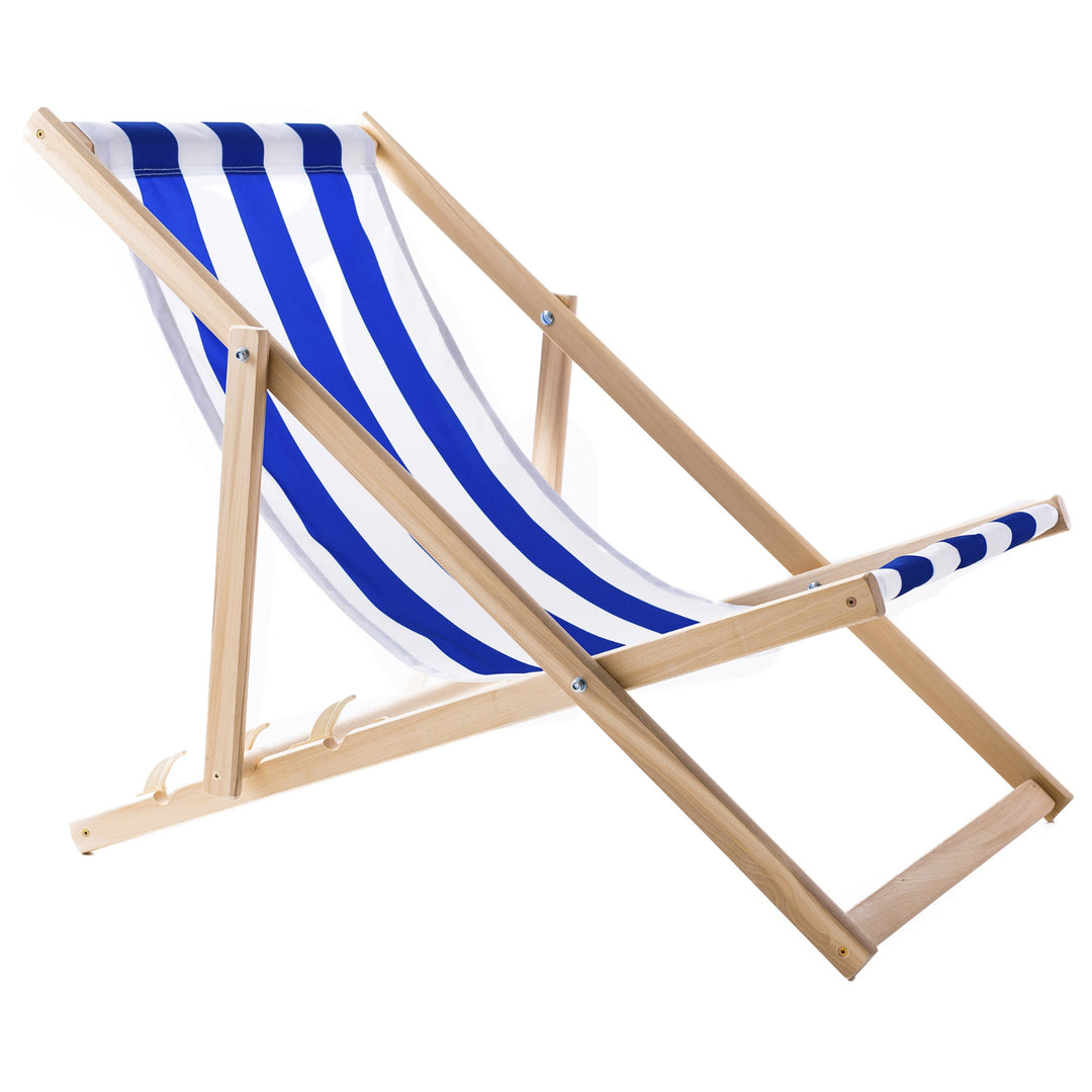 2 bekväma solstolar i trä, blå ränder, perfekt för stranden, balkong, terrass, monterad