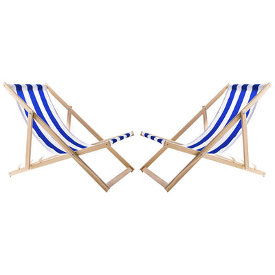 2 bekväma solstolar i trä, blå ränder, perfekt för stranden, balkong, terrass, monterad