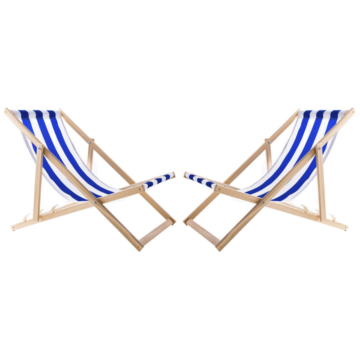 2 bekväma solstolar i trä, blå ränder, perfekt för stranden, balkong, terrass, monterad