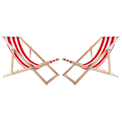 2 bekväma solstolar i trä, röda ränder, perfekt för stranden, balkong, terrass, monterad