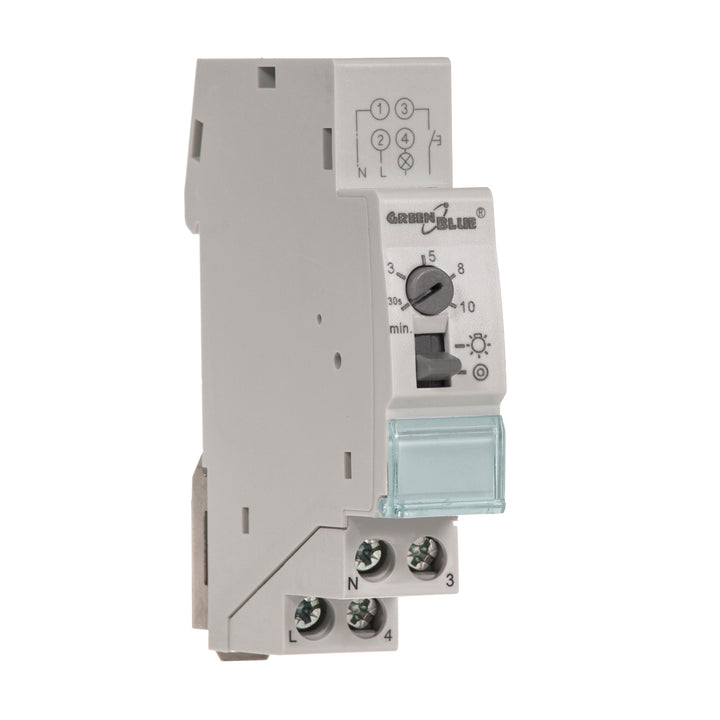 GreenBlue DIN-skenmonterad automatisk trappbelysning, 30s-10m styrning, max 2300 W, GB114, 3 st