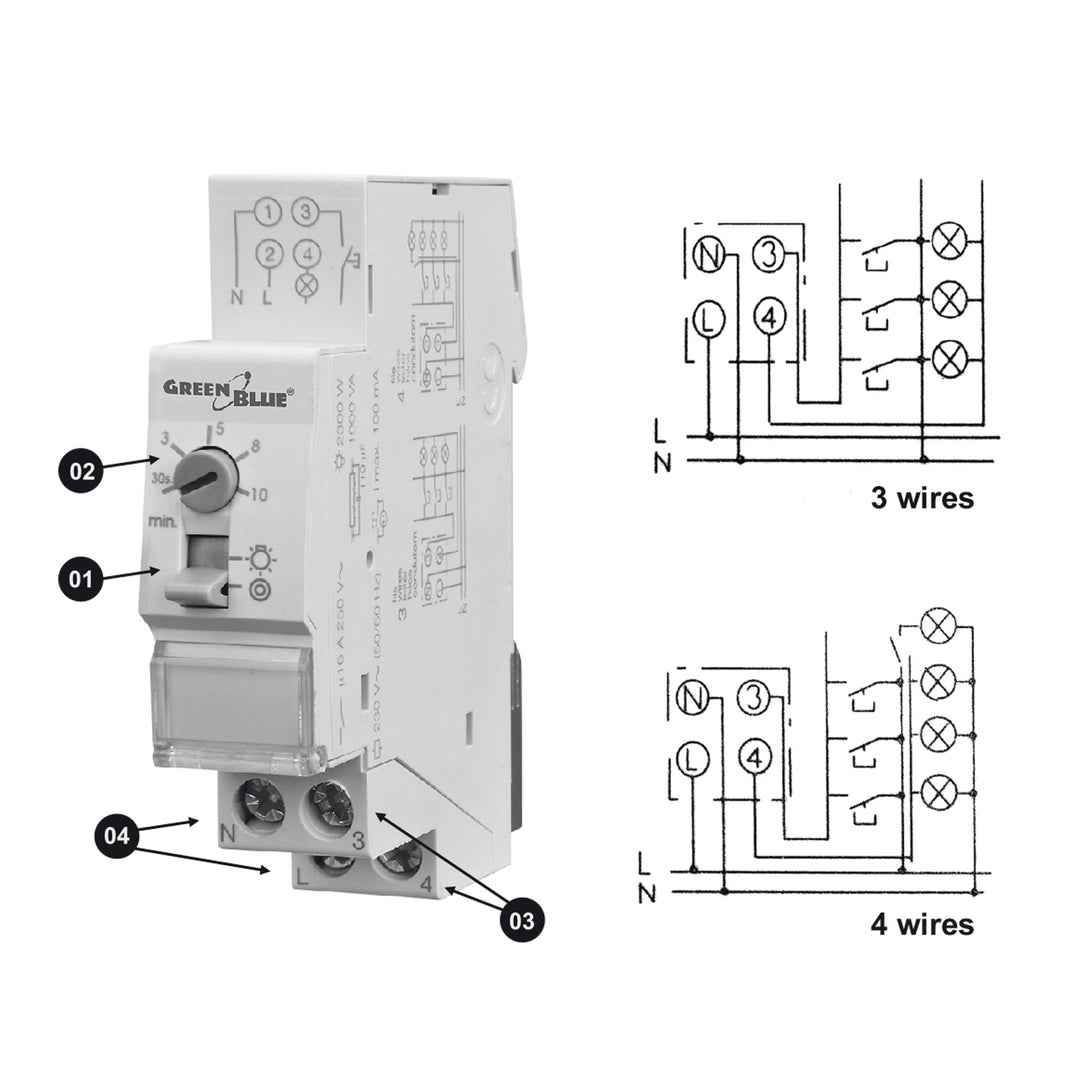 GreenBlue DIN-skenmonterad automatisk trappbelysning, 30s-10m styrning, max 2300 W, GB114, 3 st