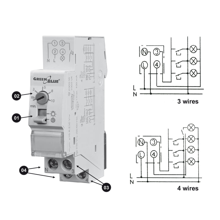 GreenBlue DIN-skenmonterad automatisk trappbelysning, 30s-10m styrning, max 2300 W, GB114, 3 st