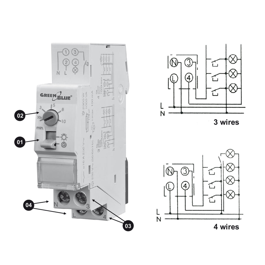 GreenBlue DIN-skenmonterad automatisk trappbelysning, 30s-10m styrning, max 2300 W, GB114, 3 st