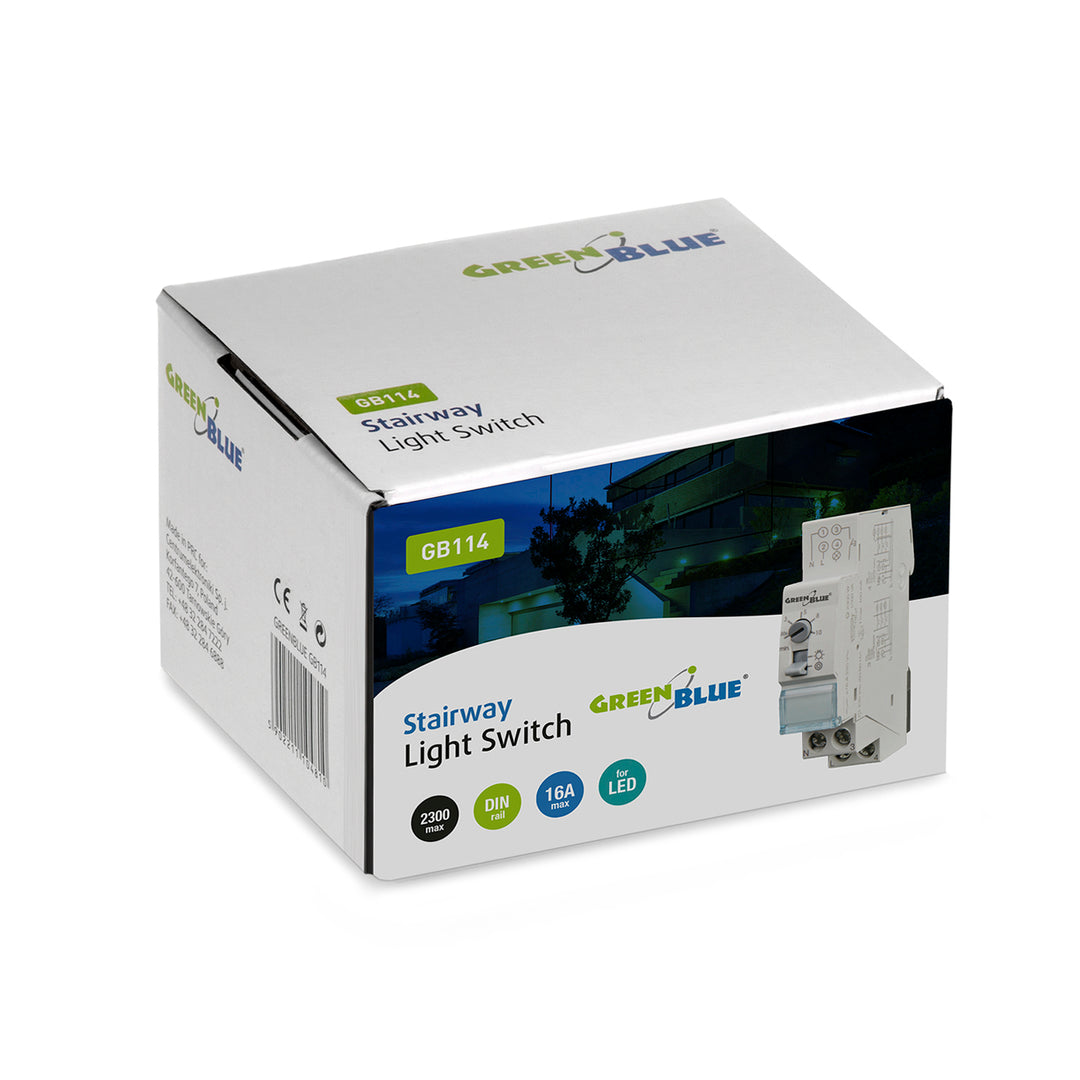 GreenBlue DIN-skenmonterad automatisk trappbelysning, 30s-10m styrning, max 2300 W, GB114, 3 st