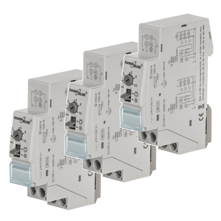 GreenBlue DIN-skenmonterad automatisk trappbelysning, 30s-10m styrning, max 2300 W, GB114, 3 st