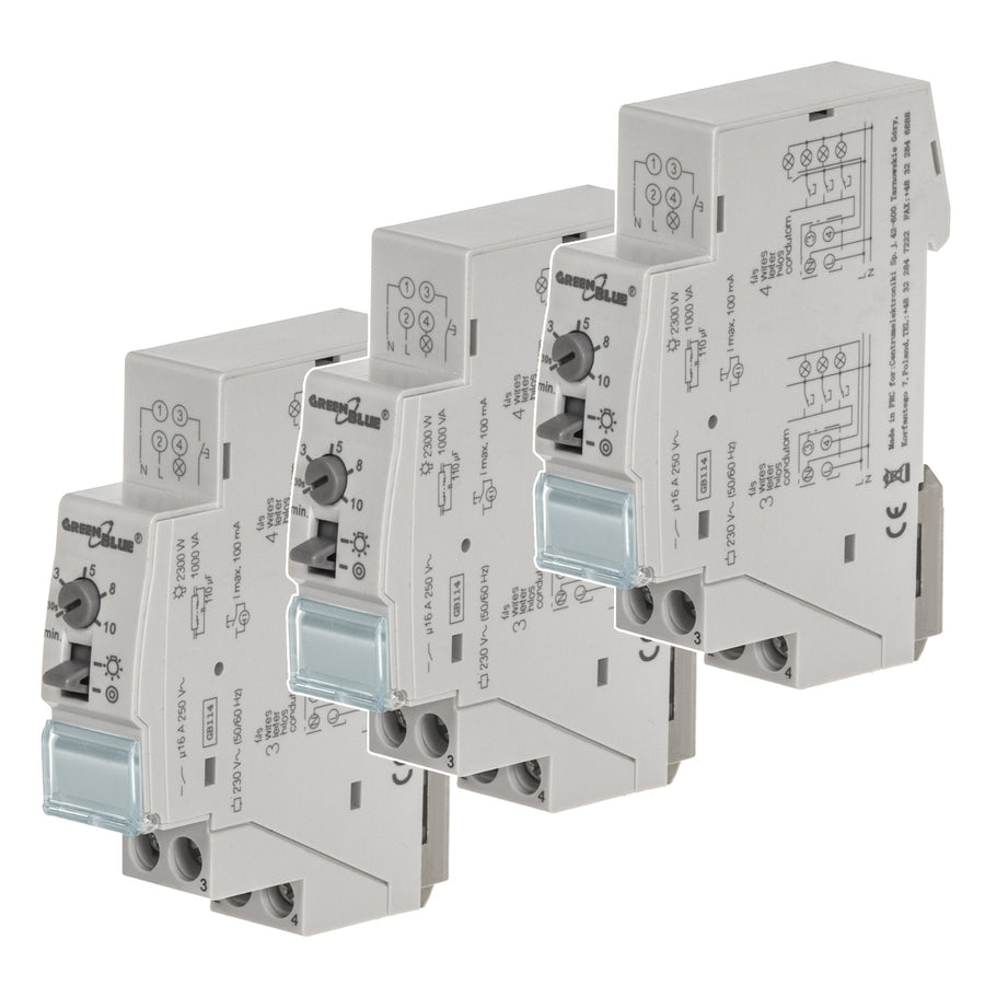 GreenBlue DIN-skenmonterad automatisk trappbelysning, 30s-10m styrning, max 2300 W, GB114, 3 st