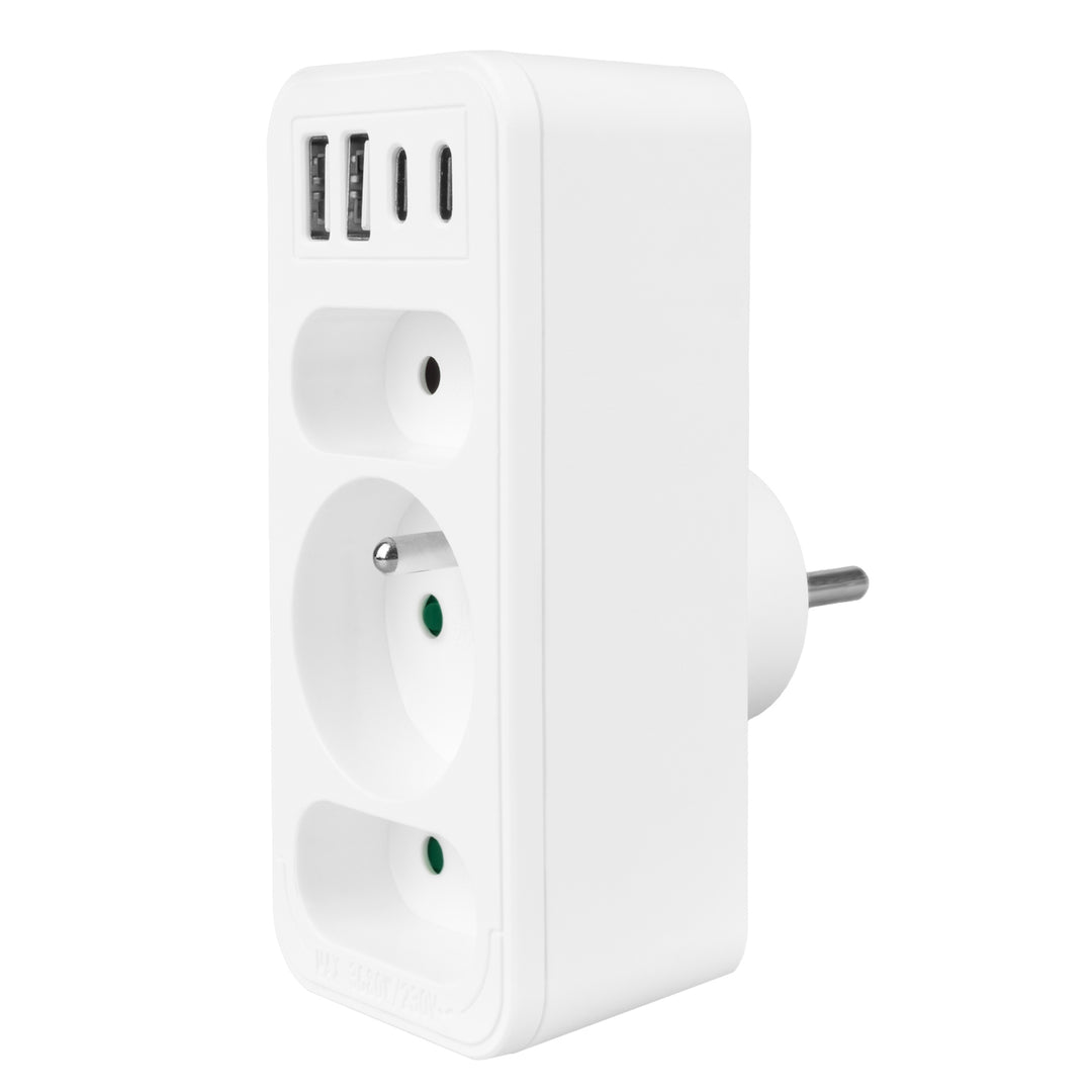 Strömuttag x3 + 4xUSB Maclean, 3-facks splitter, 2xUSB A, 2xUSB C PD 20W, 1x16A + 2x6A, MCE248 F/W