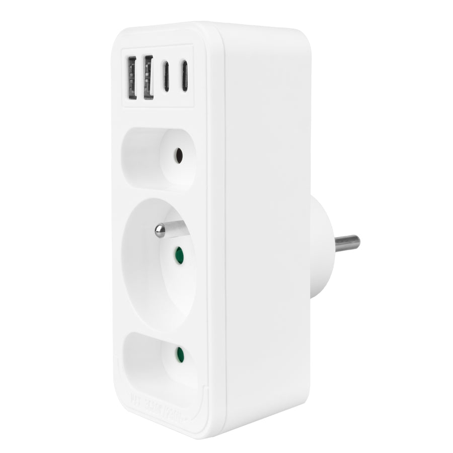Strömuttag x3 + 4xUSB Maclean, 3-facks splitter, 2xUSB A, 2xUSB C PD 20W, 1x16A + 2x6A, MCE248 F/W