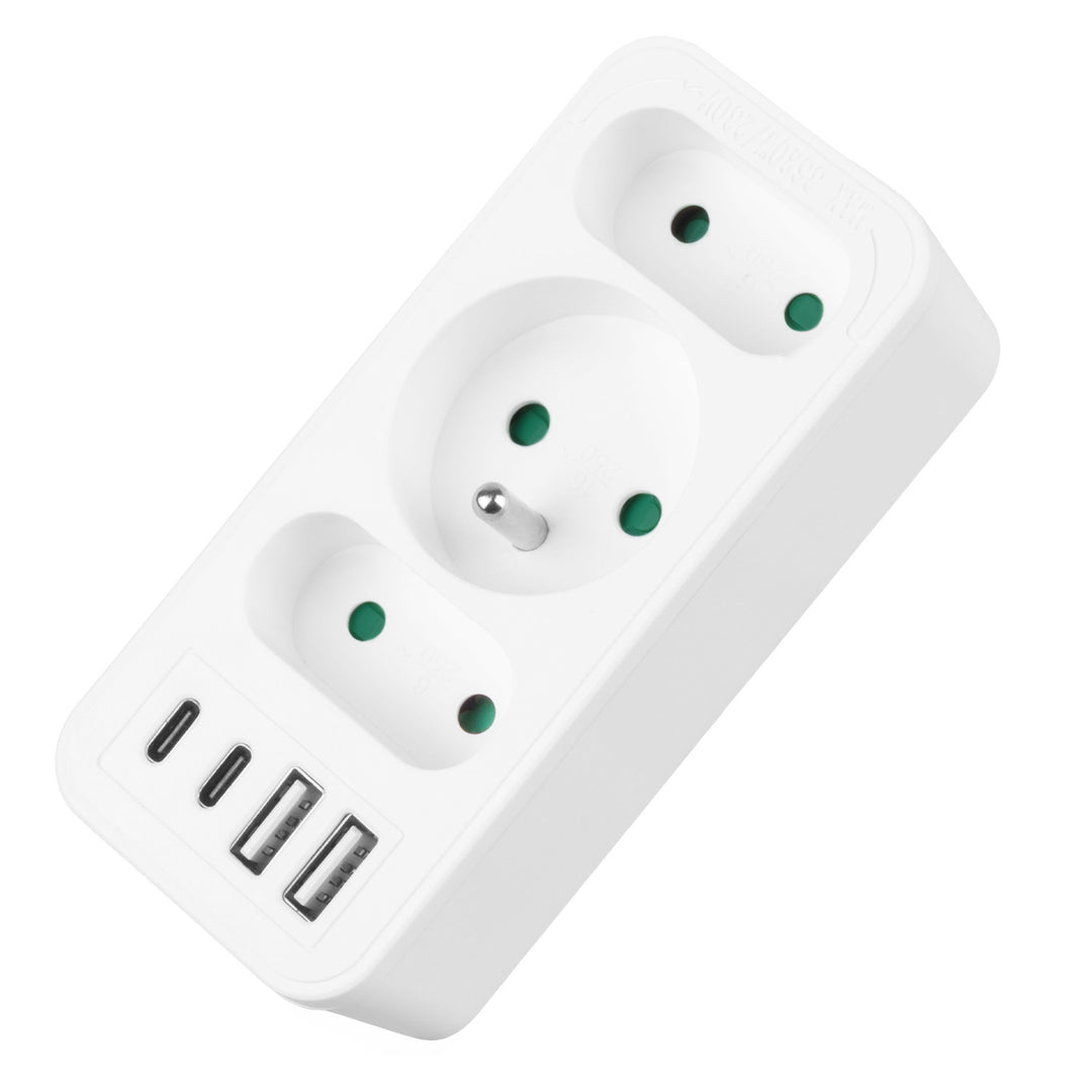 Strömuttag x3 + 4xUSB Maclean, 3-facks splitter, 2xUSB A, 2xUSB C PD 20W, 1x16A + 2x6A, MCE248 F/W