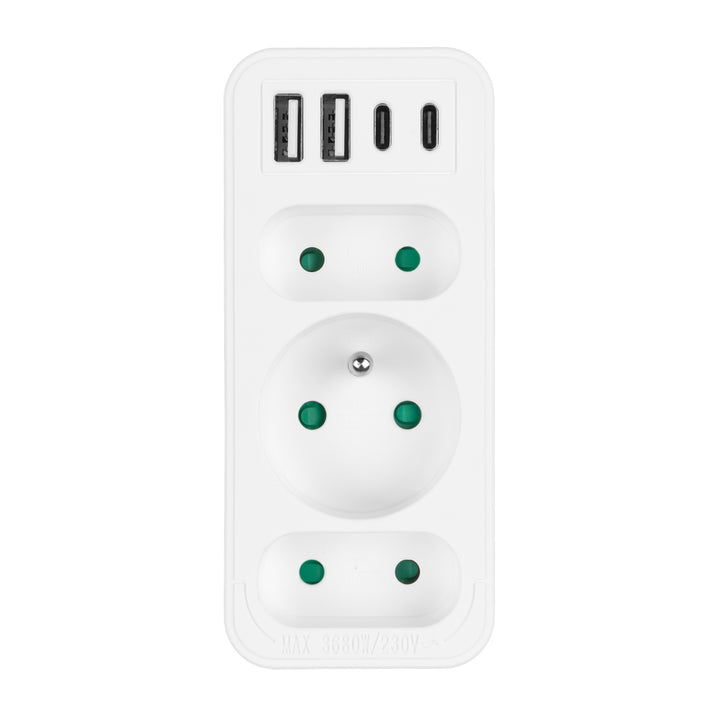Strömuttag x3 + 4xUSB Maclean, 3-facks splitter, 2xUSB A, 2xUSB C PD 20W, 1x16A + 2x6A, MCE248 F/W