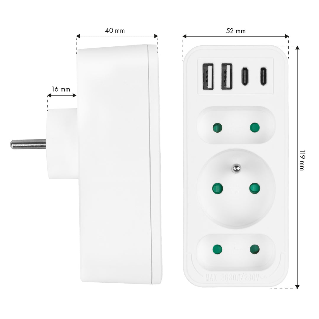 Strömuttag x3 + 4xUSB Maclean, 3-facks splitter, 2xUSB A, 2xUSB C PD 20W, 1x16A + 2x6A, MCE248 F/W