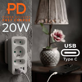 Strömuttag x3 + 4xUSB Maclean, 3-facks splitter, 2xUSB A, 2xUSB C PD 20W, 1x16A + 2x6A, MCE248 F/W