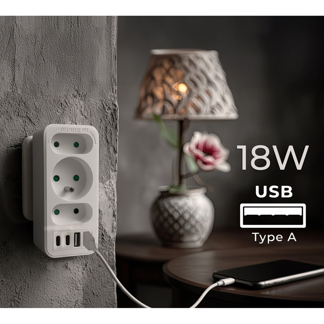 Strömuttag x3 + 4xUSB Maclean, 3-facks splitter, 2xUSB A, 2xUSB C PD 20W, 1x16A + 2x6A, MCE248 F/W