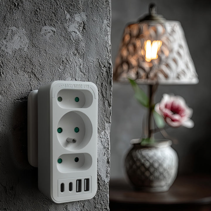 Strömuttag x3 + 4xUSB Maclean, 3-facks splitter, 2xUSB A, 2xUSB C PD 20W, 1x16A + 2x6A, MCE248 F/W