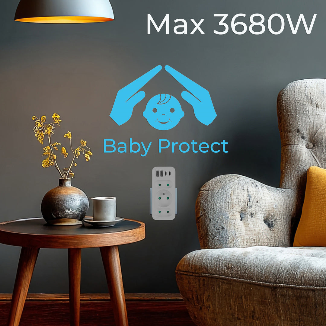 Strömuttag x3 + 4xUSB Maclean, 3-facks splitter, 2xUSB A, 2xUSB C PD 20W, 1x16A + 2x6A, MCE248 F/W