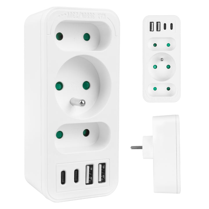 Strömuttag x3 + 4xUSB Maclean, 3-facks splitter, 2xUSB A, 2xUSB C PD 20W, 1x16A + 2x6A, MCE248 F/W