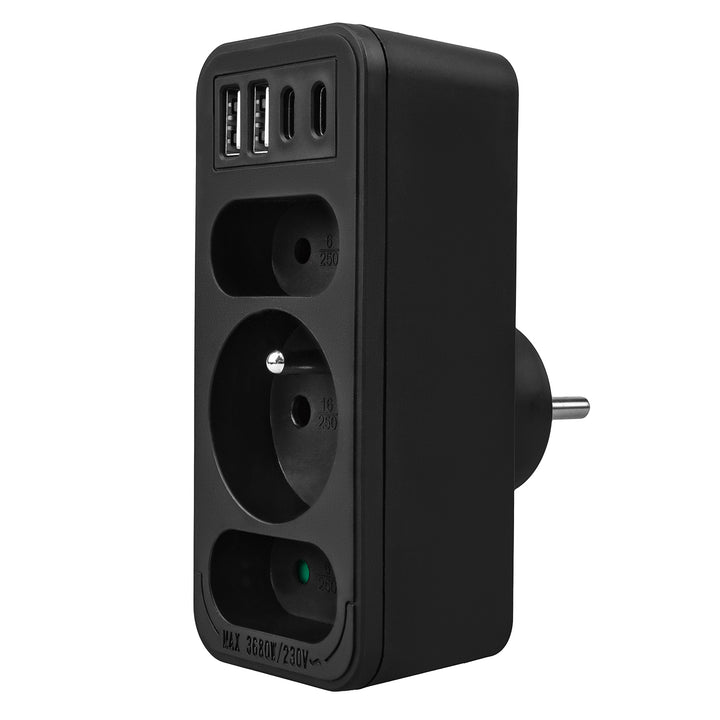 Strömuttag x3 + 4xUSB Maclean, 3-facks splitter, 2xUSB A, 2xUSB C PD 20W, 1x16A + 2x6A, MCE248 F/B