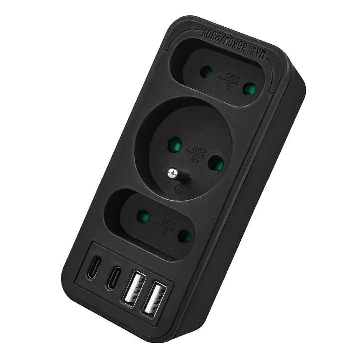 Strömuttag x3 + 4xUSB Maclean, 3-facks splitter, 2xUSB A, 2xUSB C PD 20W, 1x16A + 2x6A, MCE248 F/B