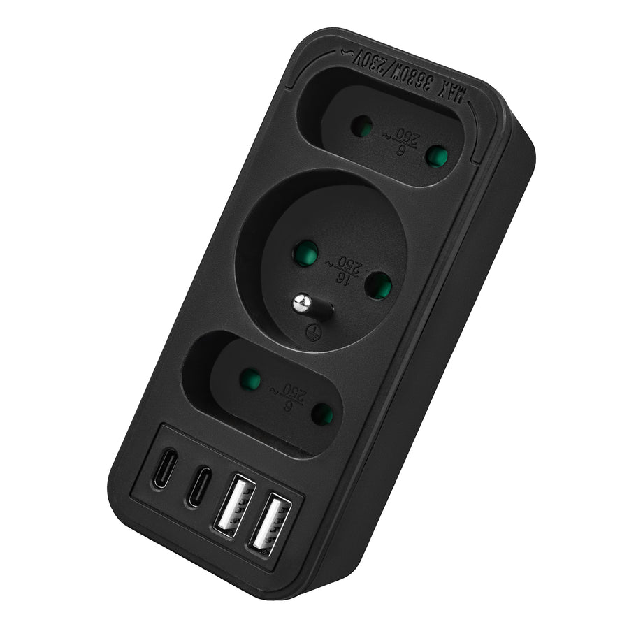 Strömuttag x3 + 4xUSB Maclean, 3-facks splitter, 2xUSB A, 2xUSB C PD 20W, 1x16A + 2x6A, MCE248 F/B