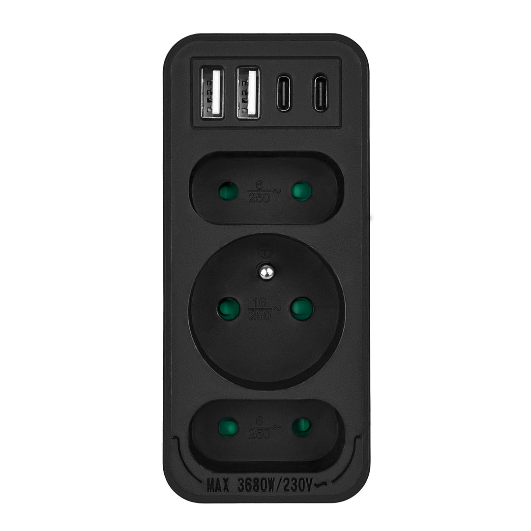 Strömuttag x3 + 4xUSB Maclean, 3-facks splitter, 2xUSB A, 2xUSB C PD 20W, 1x16A + 2x6A, MCE248 F/B