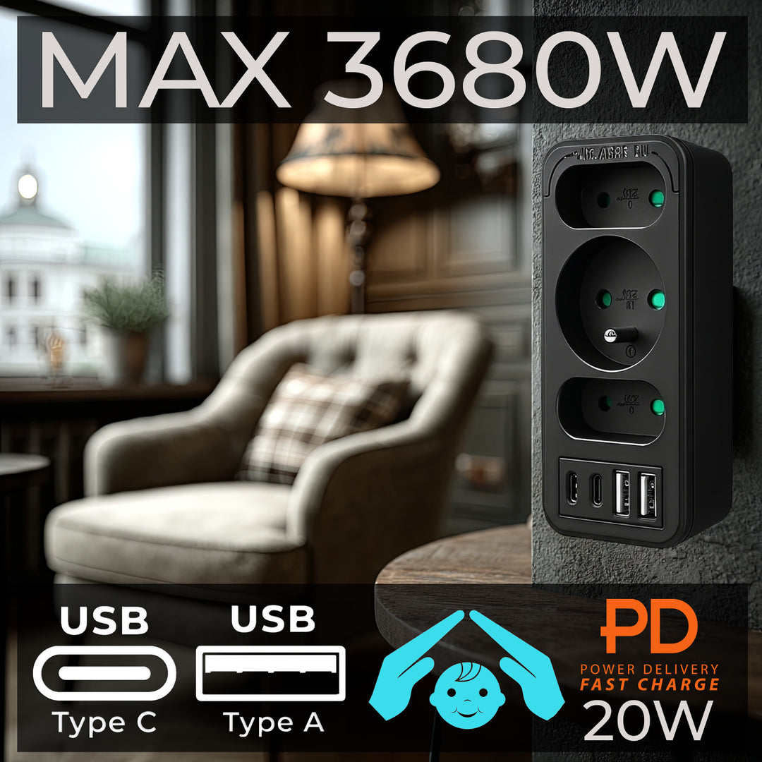Strömuttag x3 + 4xUSB Maclean, 3-facks splitter, 2xUSB A, 2xUSB C PD 20W, 1x16A + 2x6A, MCE248 F/B