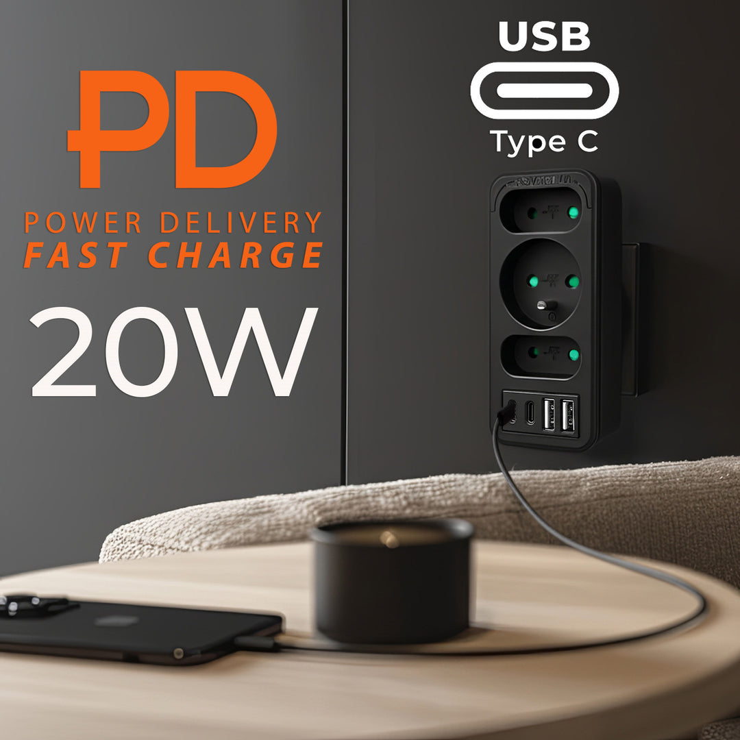 Strömuttag x3 + 4xUSB Maclean, 3-facks splitter, 2xUSB A, 2xUSB C PD 20W, 1x16A + 2x6A, MCE248 F/B