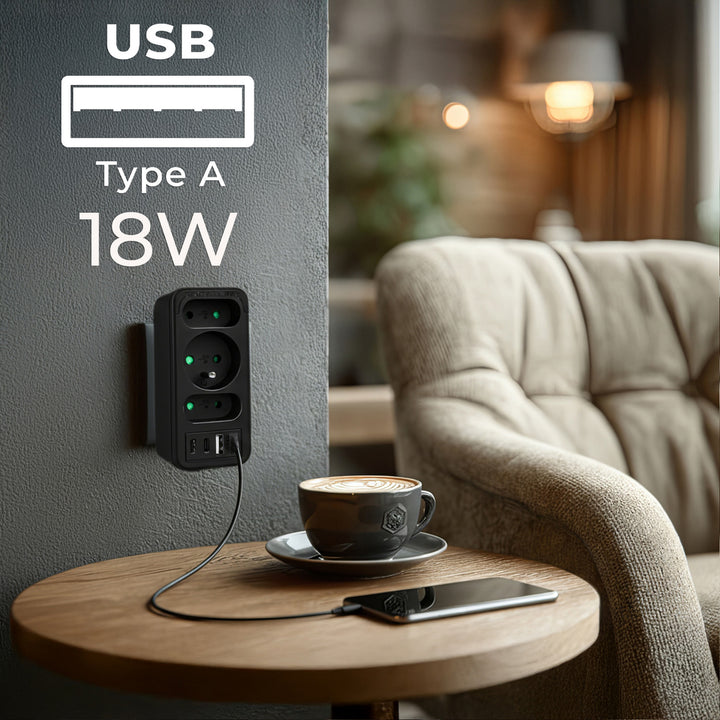 Strömuttag x3 + 4xUSB Maclean, 3-facks splitter, 2xUSB A, 2xUSB C PD 20W, 1x16A + 2x6A, MCE248 F/B