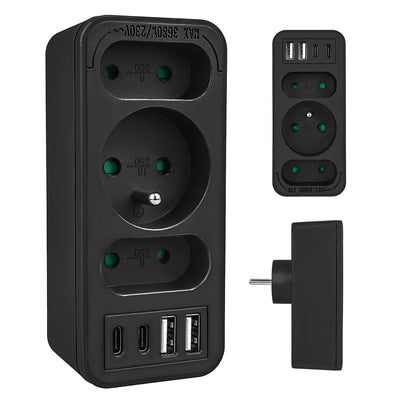 Strömuttag x3 + 4xUSB Maclean, 3-facks splitter, 2xUSB A, 2xUSB C PD 20W, 1x16A + 2x6A, MCE248 F/B