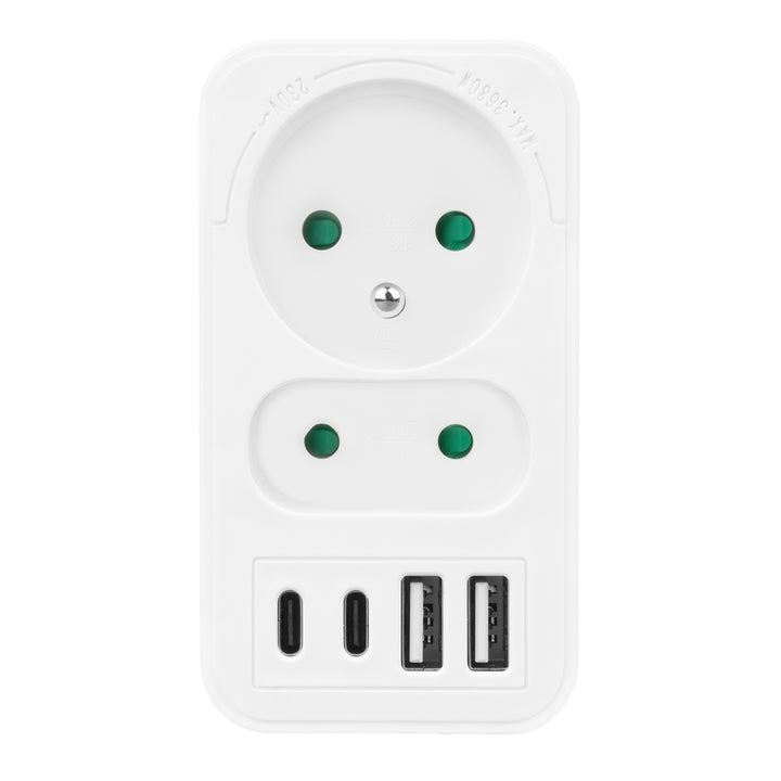 Maclean strömuttag x2 + 4xUSB, splitter med 2 uttag, 2xUSB A, 2xUSB C PD 20W, 1x16A + 1x6A, MCE249 F/W