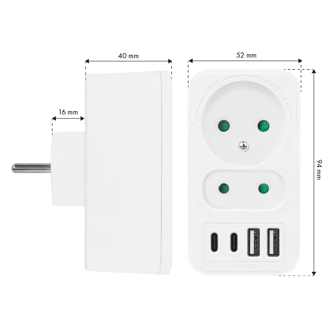 Maclean strömuttag x2 + 4xUSB, splitter med 2 uttag, 2xUSB A, 2xUSB C PD 20W, 1x16A + 1x6A, MCE249 F/W