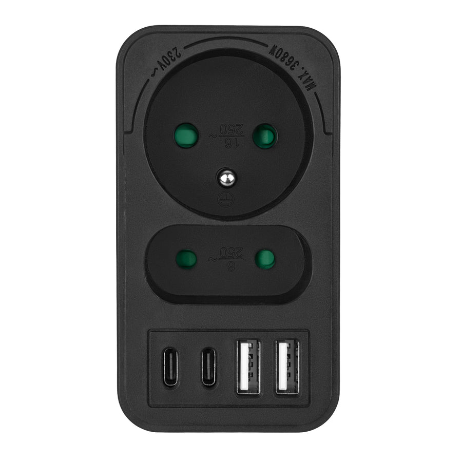 Maclean strömuttag x2 + 4xUSB, splitter med 2 uttag, 2xUSB A, 2xUSB C PD 20W, 1x16A + 1x6A, MCE249 F/B
