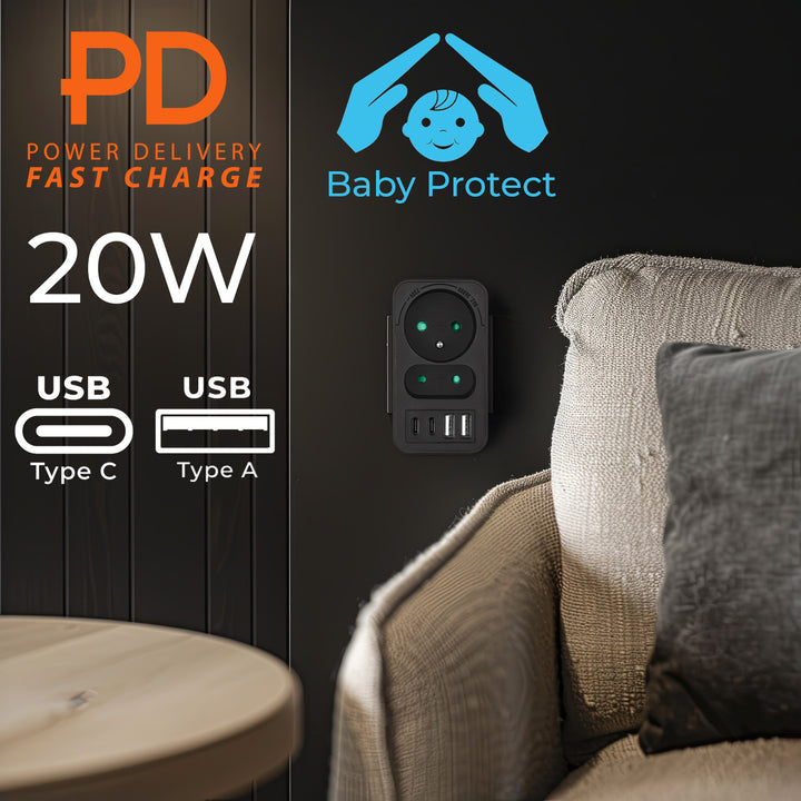 Maclean strömuttag x2 + 4xUSB, splitter med 2 uttag, 2xUSB A, 2xUSB C PD 20W, 1x16A + 1x6A, MCE249 F/B