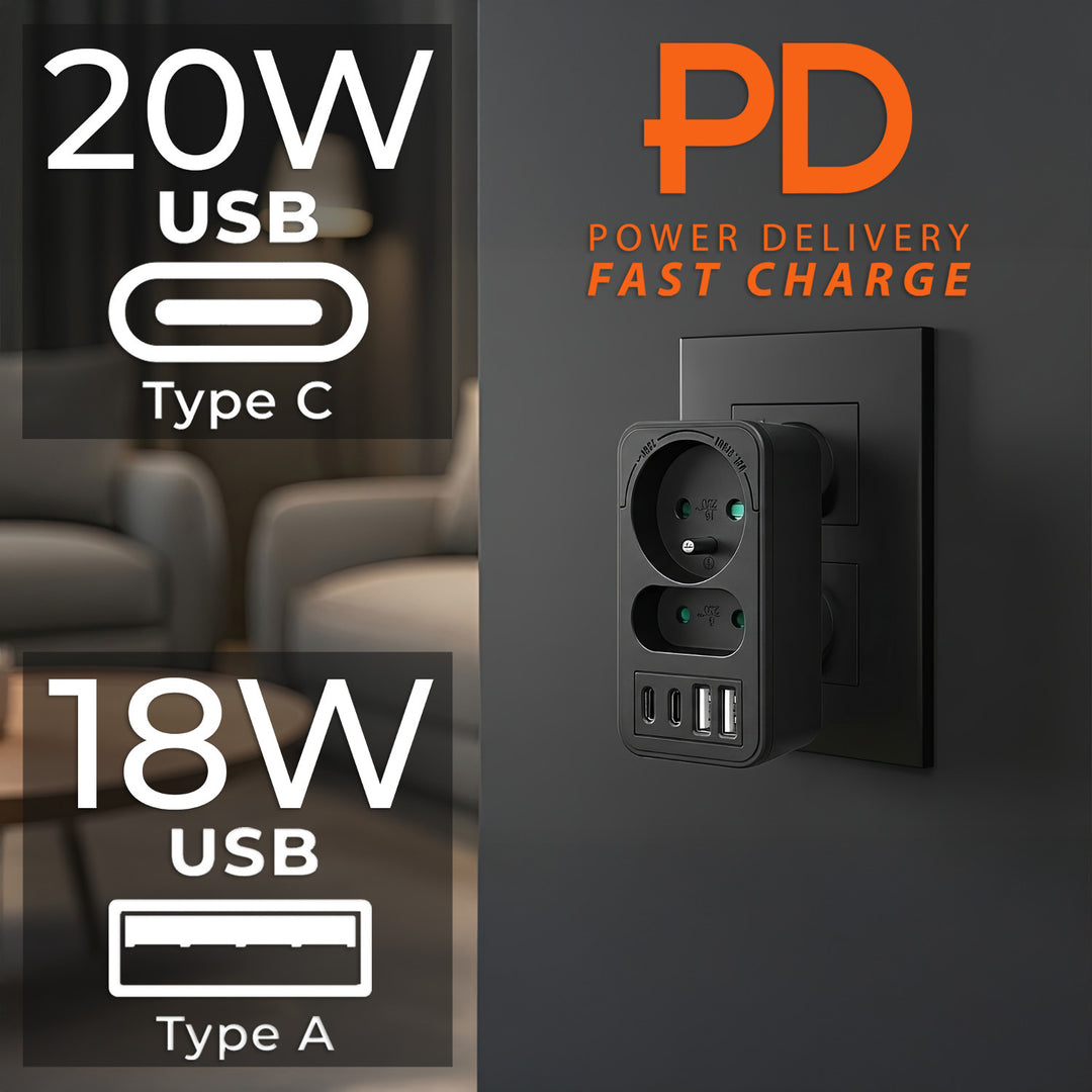 Maclean strömuttag x2 + 4xUSB, splitter med 2 uttag, 2xUSB A, 2xUSB C PD 20W, 1x16A + 1x6A, MCE249 F/B