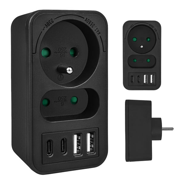 Maclean strömuttag x2 + 4xUSB, splitter med 2 uttag, 2xUSB A, 2xUSB C PD 20W, 1x16A + 1x6A, MCE249 F/B