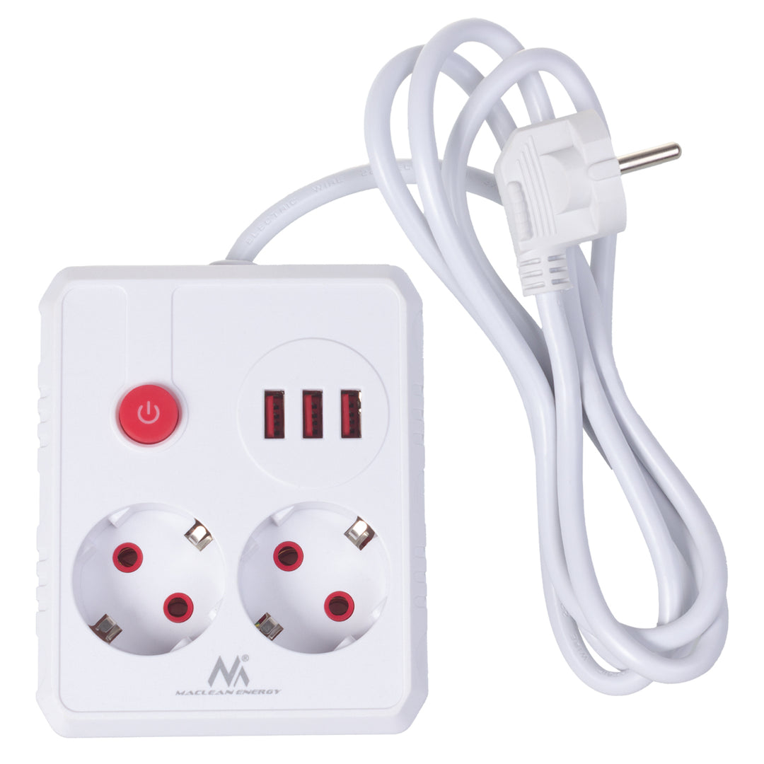 Maclean grenuttag, förlängningskabel 2 uttag + 3xUSB, 110-240V AC 50/60Hz, 2,1A max 2500W, 1,5m, vit, MCE387 W