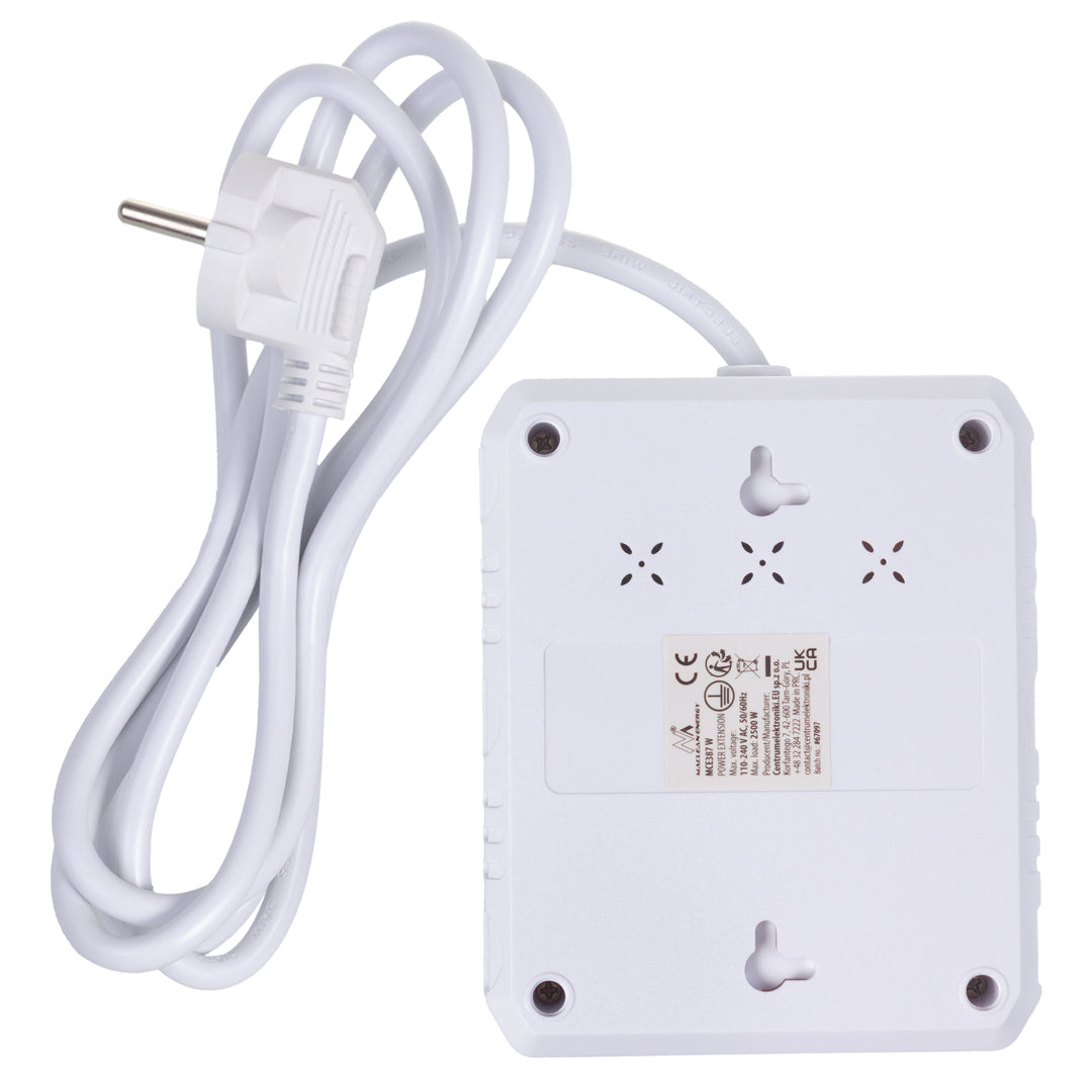 Maclean grenuttag, förlängningskabel 2 uttag + 3xUSB, 110-240V AC 50/60Hz, 2,1A max 2500W, 1,5m, vit, MCE387 W